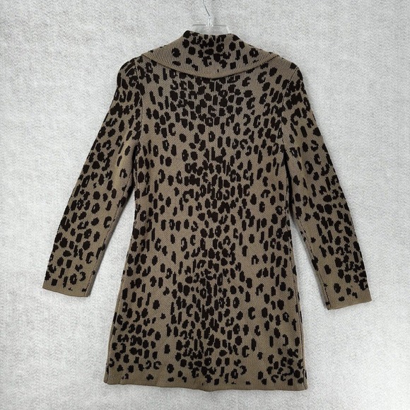 Chicos Leopard Cardigan Sweater Womens 0 SMALL Wool Brown Long Sleeve Long Line - Picture 2 of 14